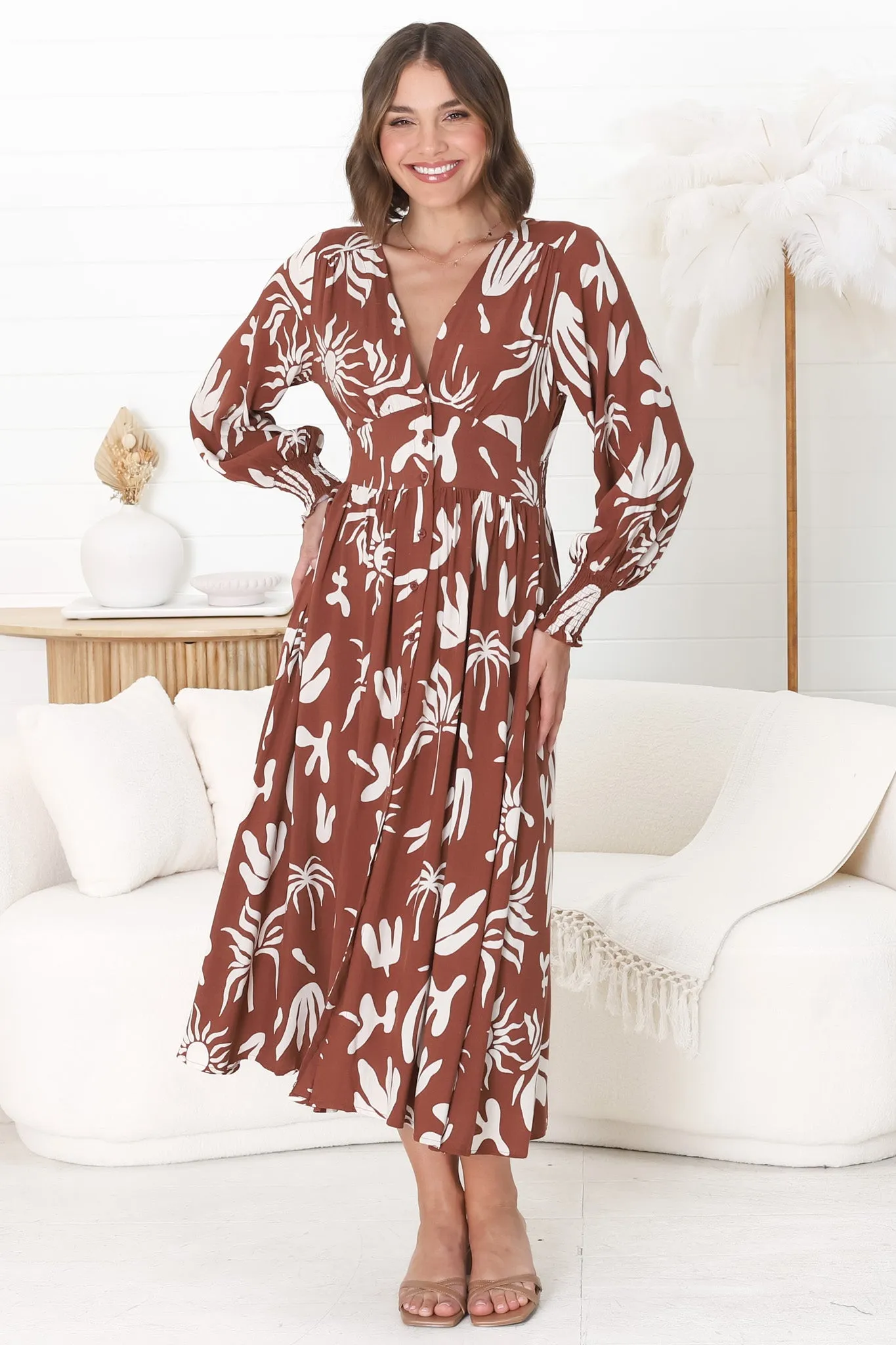 Jolie Midi Dress - V Neck Buttoned Down Long Sleeve Dress in Wells Print Brown sold by Salty Crush