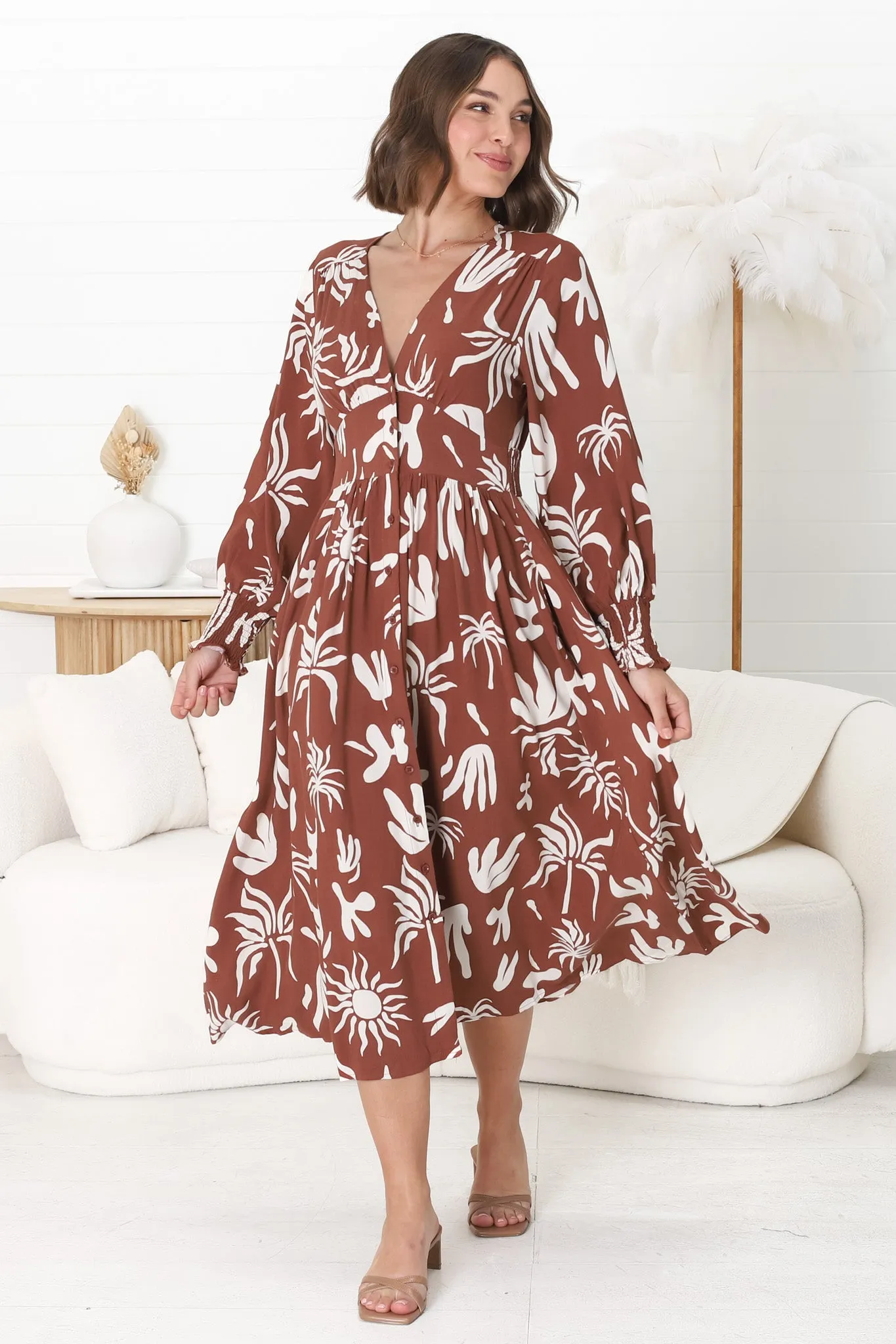 Jolie Midi Dress - V Neck Buttoned Down Long Sleeve Dress in Wells Print Brown sold by Salty Crush product image thumbnail 2