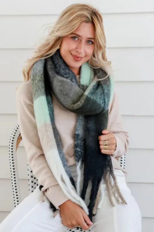 Liberty Scarf - Colour Block Scarf with Tassels in Mint sold by Salty Crush