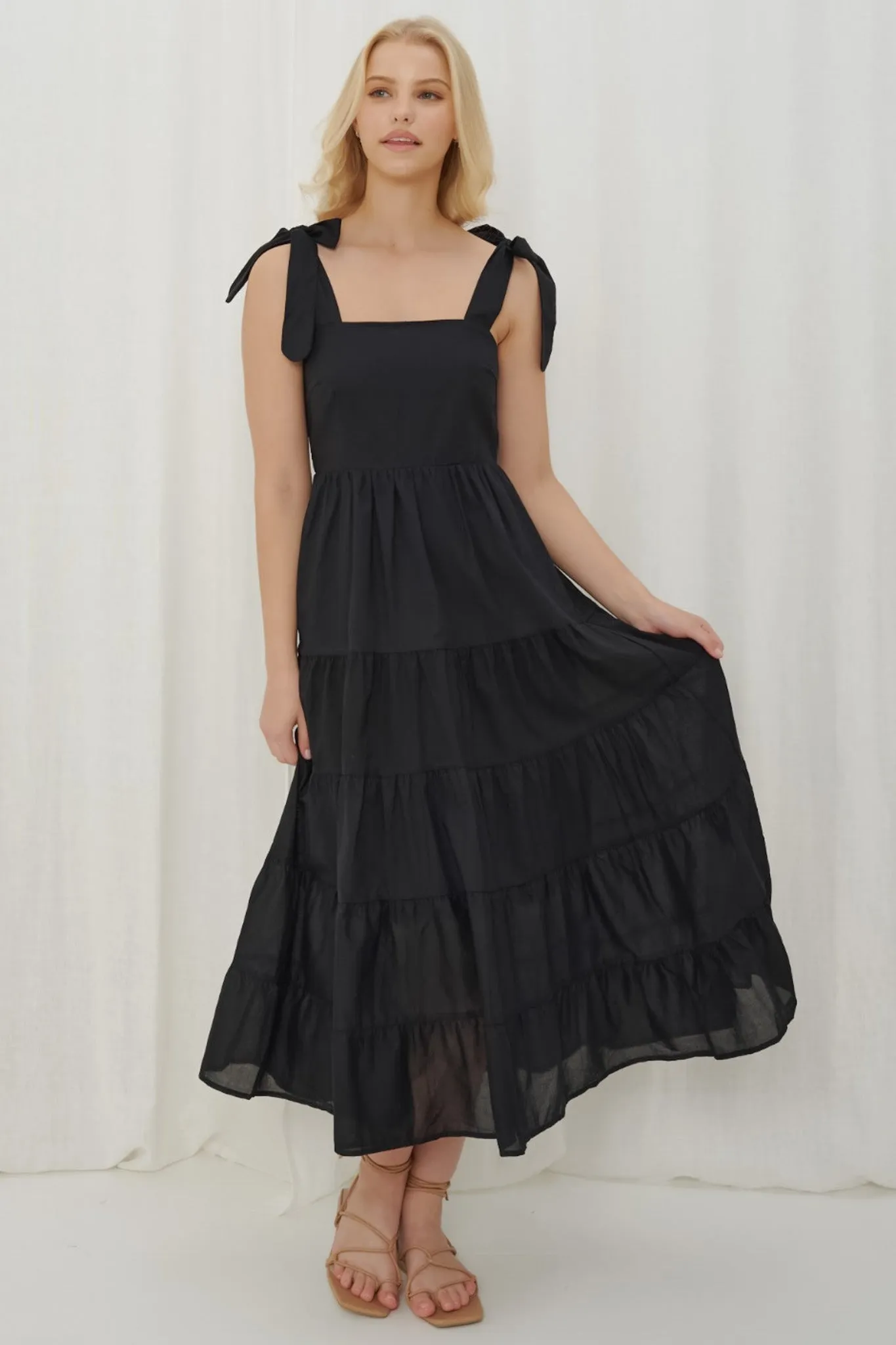 Luna Midi Dress - Tie Up on Shoulder Tiered Dress with Milkmaid Neckline in Black sold by Salty Crush product image thumbnail 2