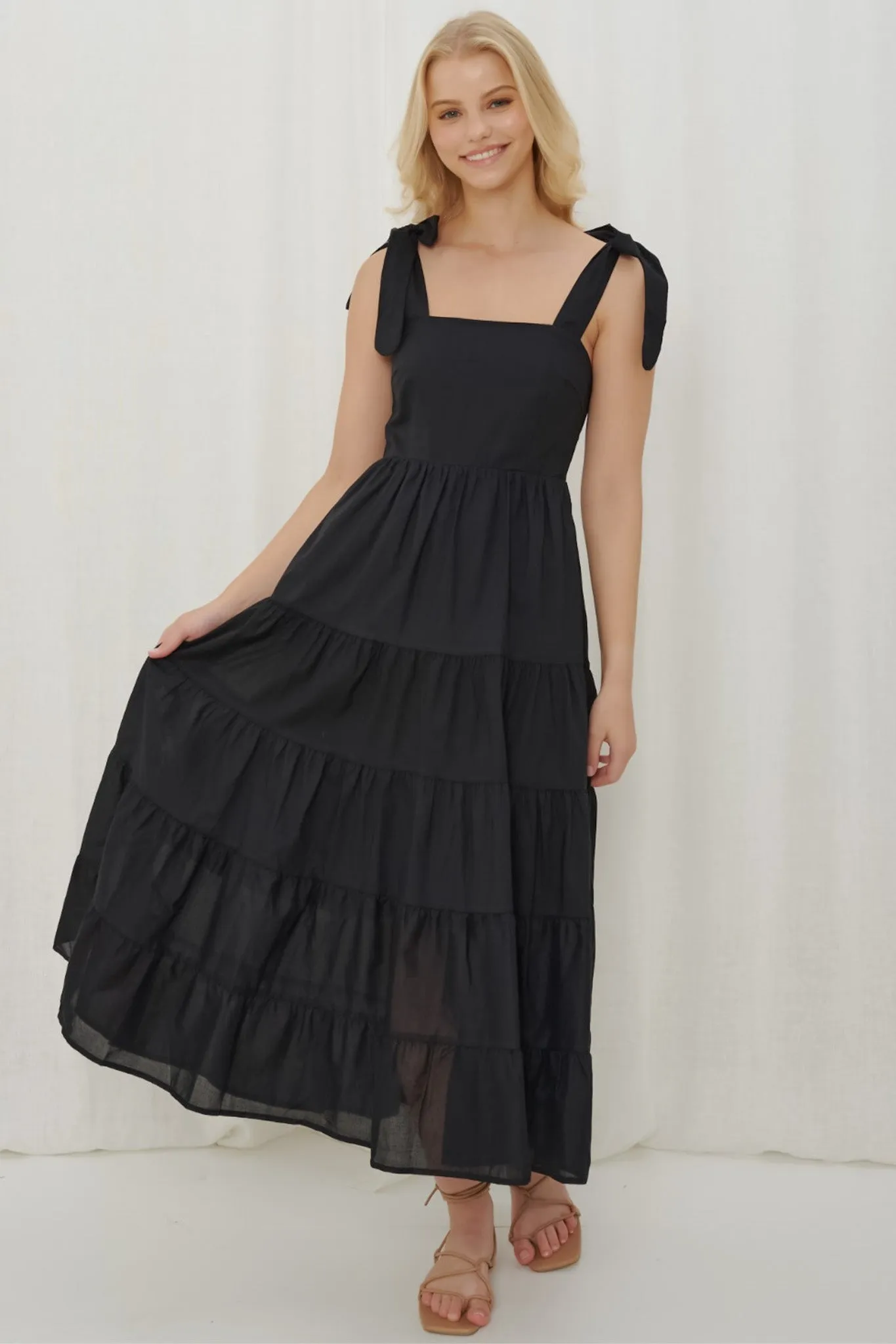 Luna Midi Dress - Tie Up on Shoulder Tiered Dress with Milkmaid Neckline in Black sold by Salty Crush