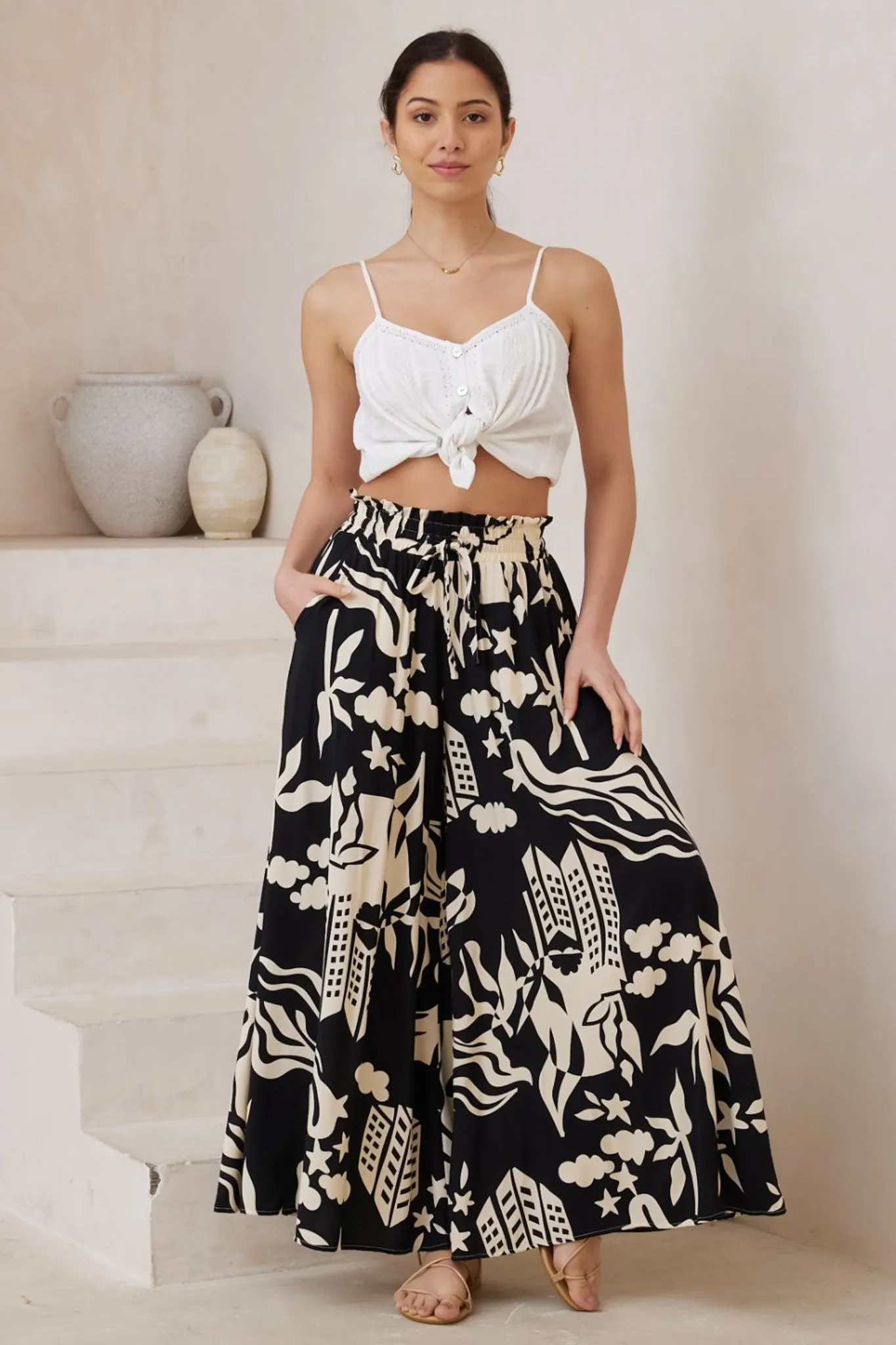 Mezza Pants - Paper Bag High Waisted Wide Leg Pant in Salt Lake Print sold by Salty Crush