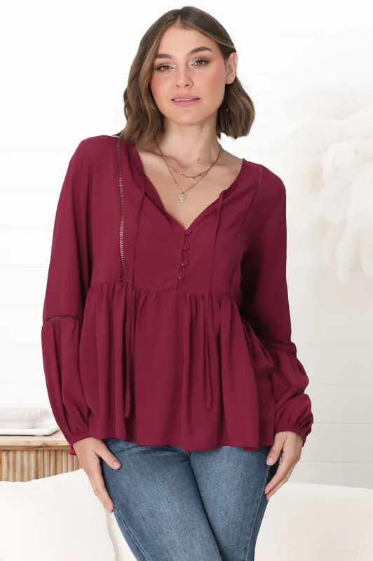 Alexia Top - V Neck Smock Top with Crochet Insert Details in Wine sold by Salty Crush
