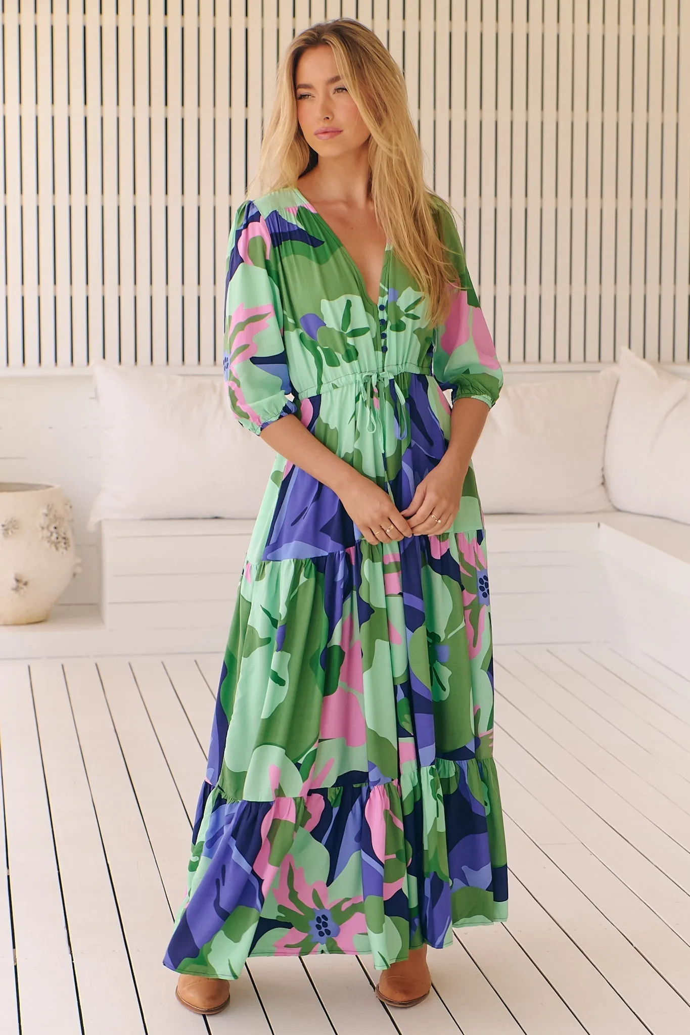 JAASE - Tessa Maxi Dress: A Line Pull Tie Waist Dress in Kalm Print sold by Salty Crush product image thumbnail 5