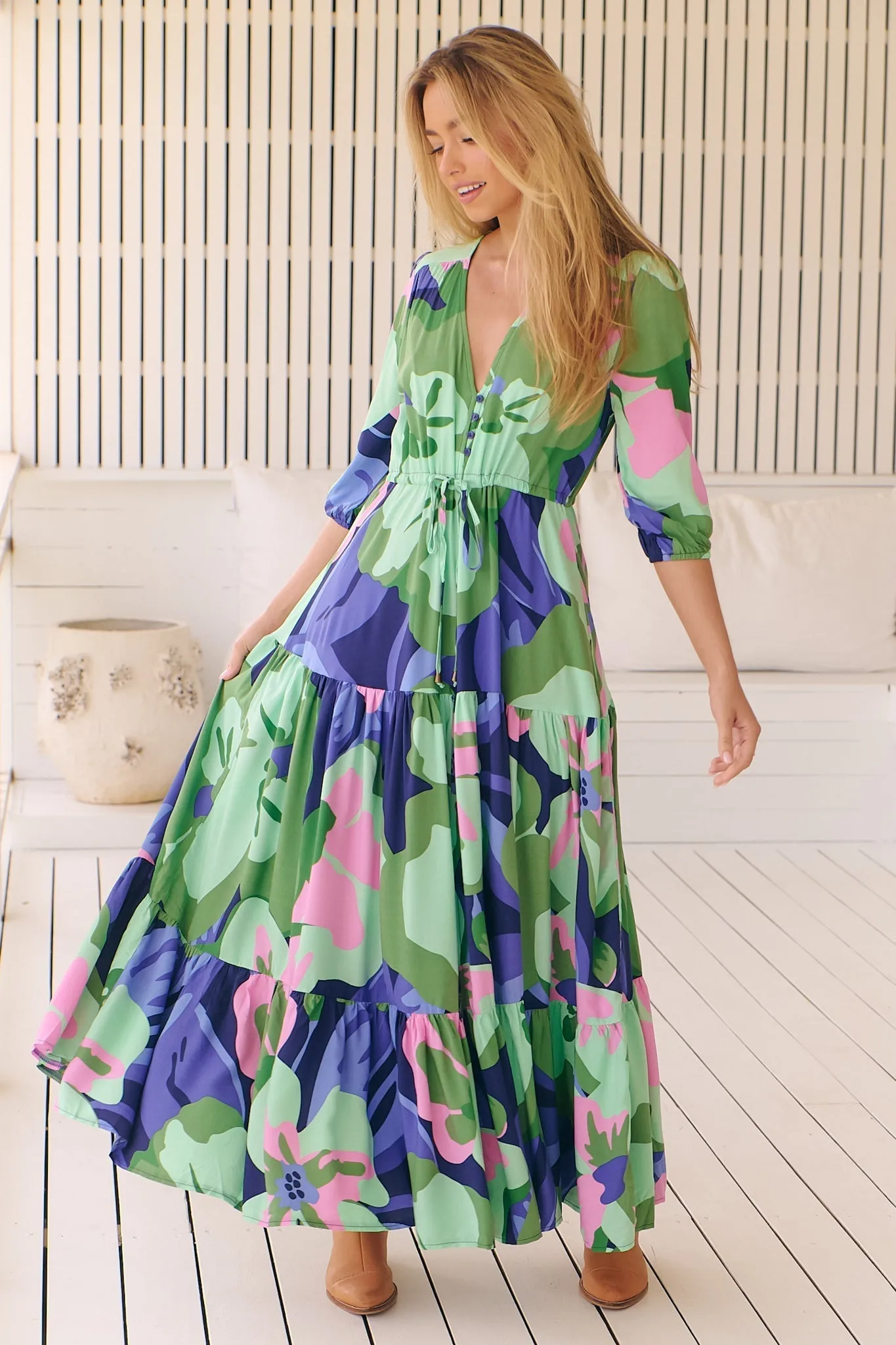 JAASE - Tessa Maxi Dress: A Line Pull Tie Waist Dress in Kalm Print sold by Salty Crush product image thumbnail 3