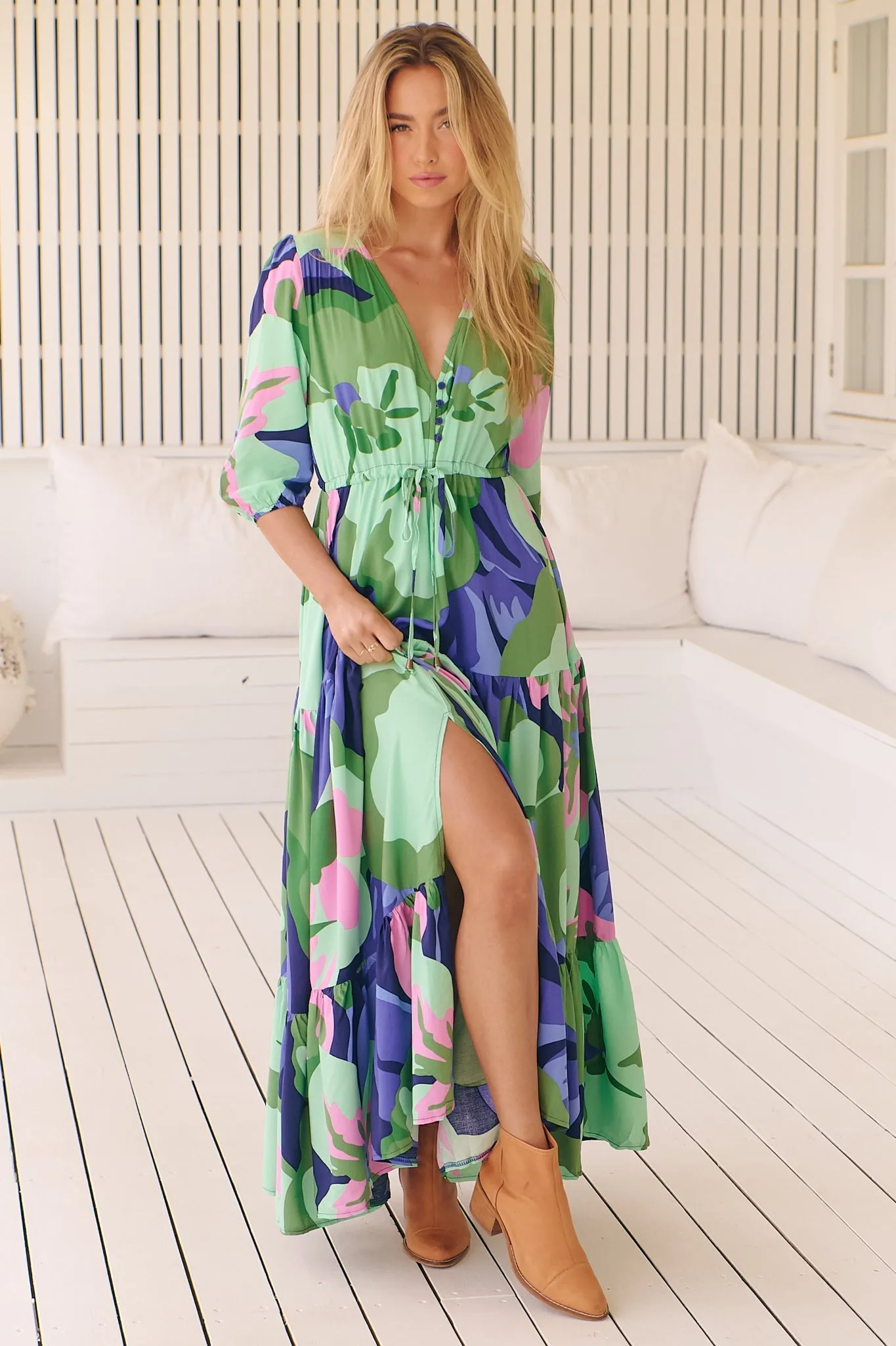 JAASE - Tessa Maxi Dress: A Line Pull Tie Waist Dress in Kalm Print sold by Salty Crush