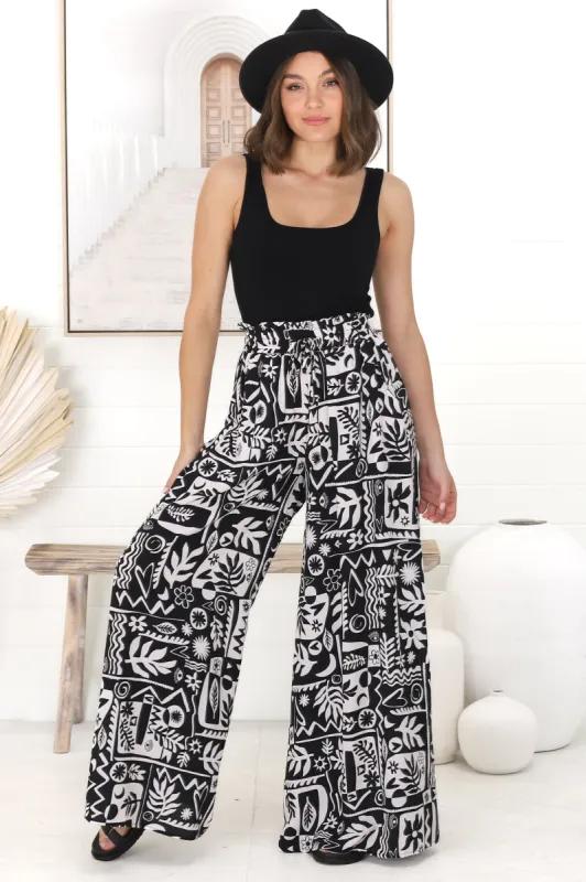 Ashora Pants - Paper Bag High Waisted Wide Leg Pants with Black & White Graphic Print sold by Salty Crush