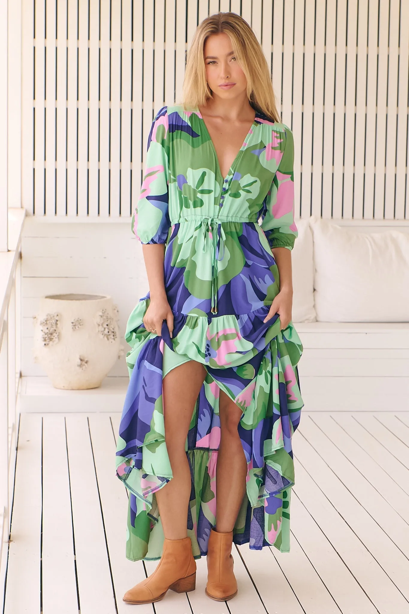 JAASE - Tessa Maxi Dress: A Line Pull Tie Waist Dress in Kalm Print sold by Salty Crush product image thumbnail 4