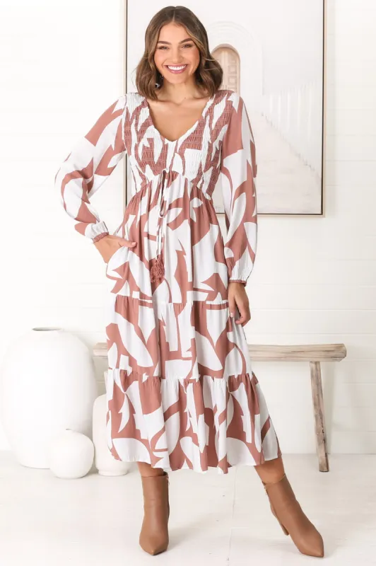 Elias Midi Dress - Shirred Elasticated Bodice A Line Dress with Long Sleeves in Azira Fawn sold by Salty Crush