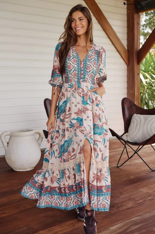 JAASE - Molli Maxi Dress: Button Down A-Line Dress with Tied Sleeves in Symphony Print sold by Salty Crush