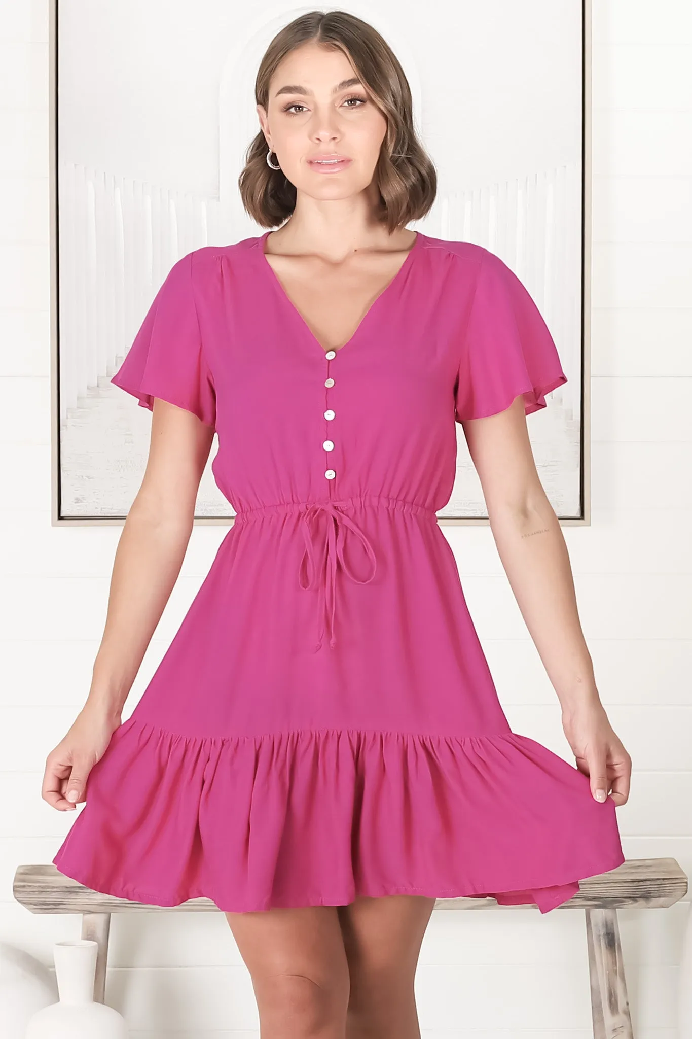 Rosane Mini Dress - Cap Sleeve A Line Dress with Pull Tie Waist in Magenta sold by Salty Crush product image thumbnail 4