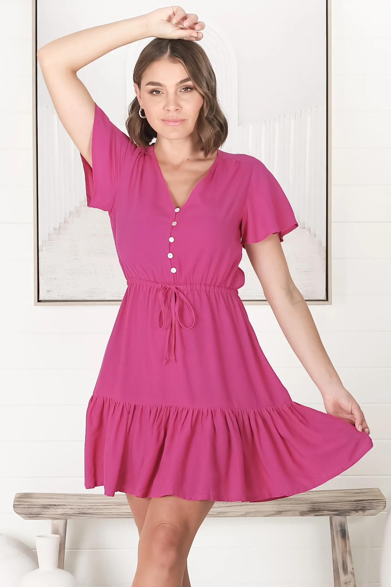 Rosane Mini Dress - Cap Sleeve A Line Dress with Pull Tie Waist in Magenta sold by Salty Crush product image thumbnail 3
