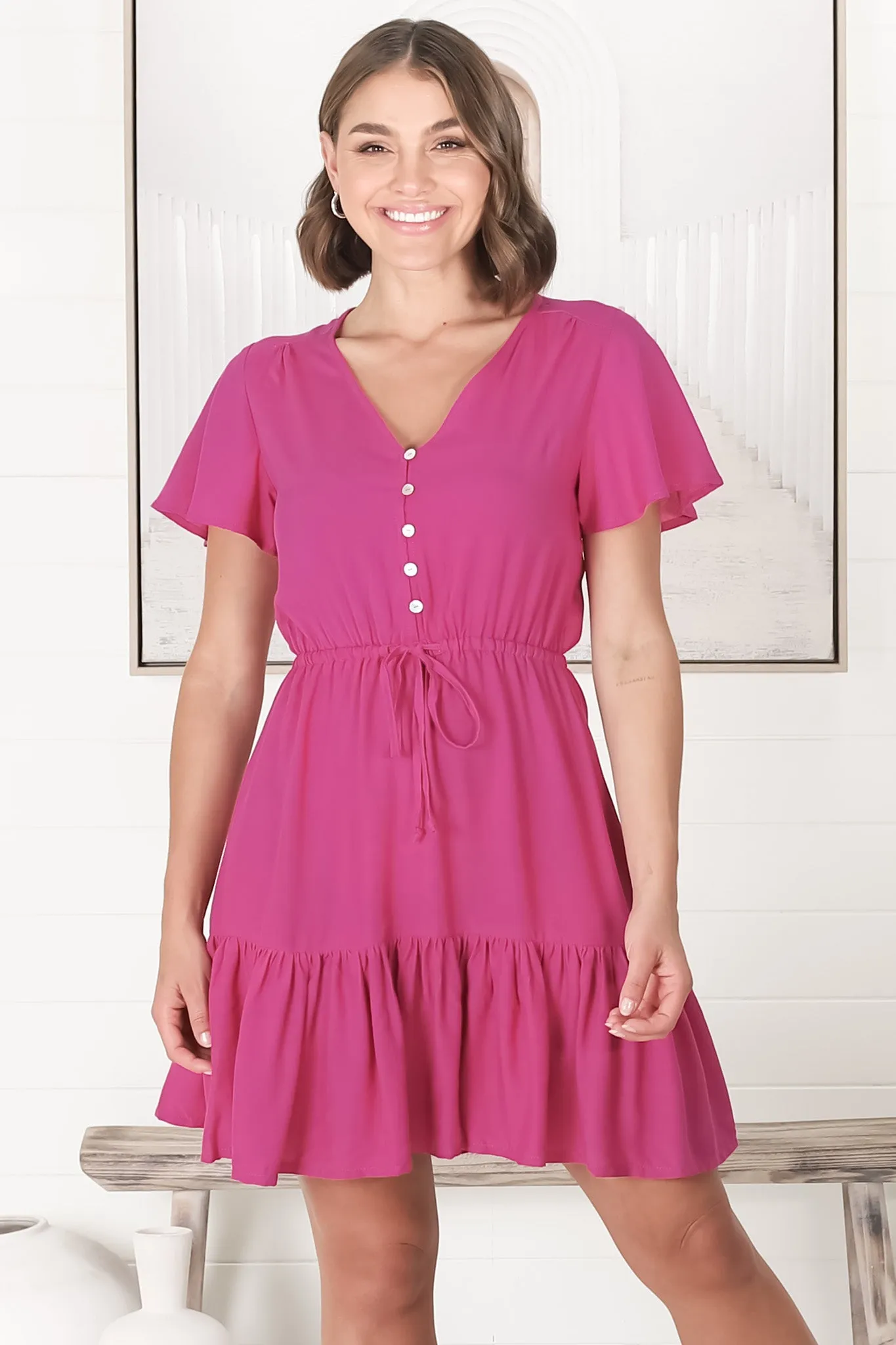 Rosane Mini Dress - Cap Sleeve A Line Dress with Pull Tie Waist in Magenta sold by Salty Crush