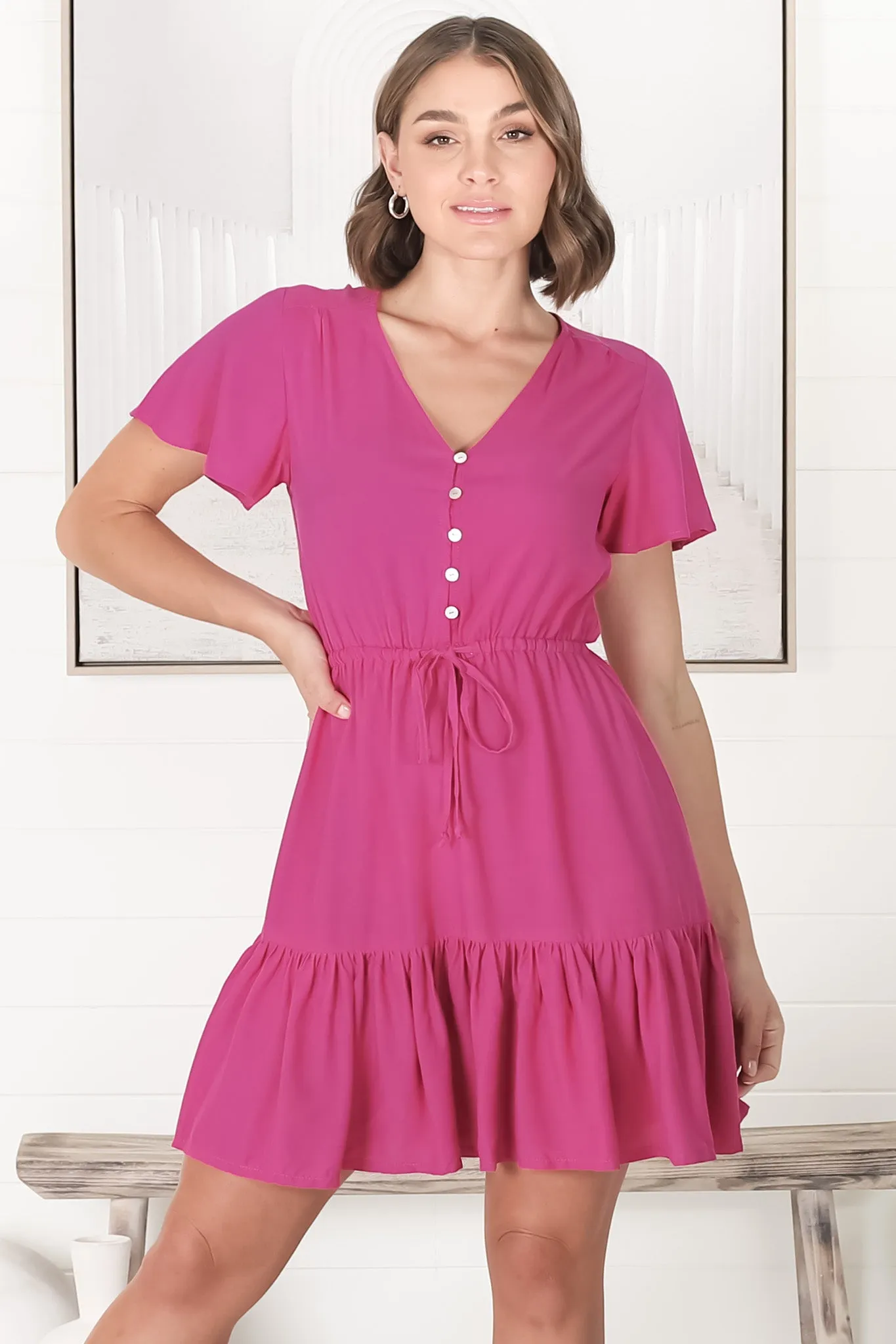 Rosane Mini Dress - Cap Sleeve A Line Dress with Pull Tie Waist in Magenta sold by Salty Crush product image thumbnail 5