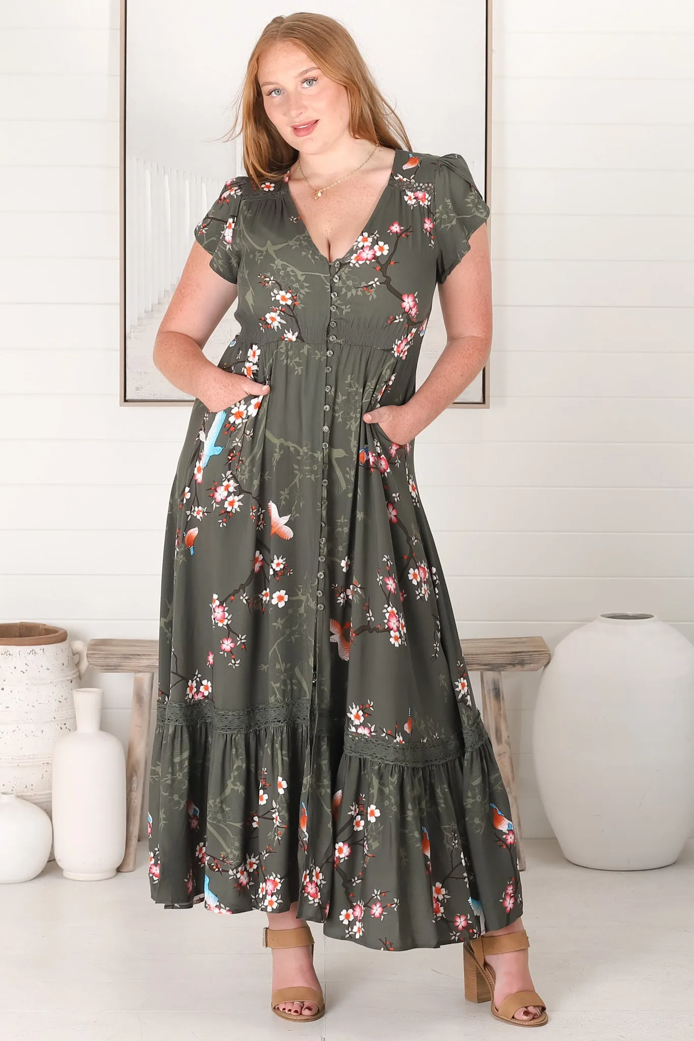 JAASE - Carmen Maxi Dress: Butterfly Cap Sleeve Button Down A Line Dress with Lace Trim in Birds Paradise Print sold by Salty Crush product image thumbnail 3