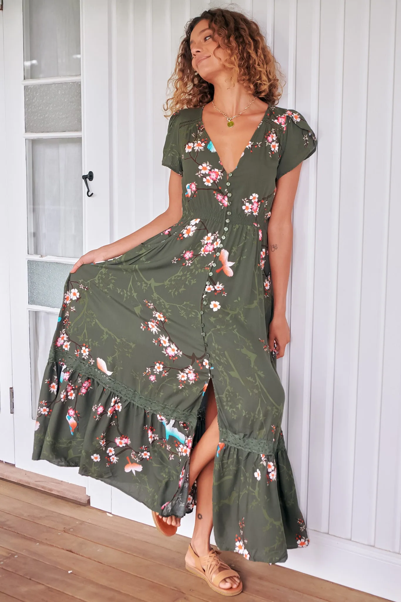 JAASE - Carmen Maxi Dress: Butterfly Cap Sleeve Button Down A Line Dress with Lace Trim in Birds Paradise Print sold by Salty Crush product image thumbnail 4