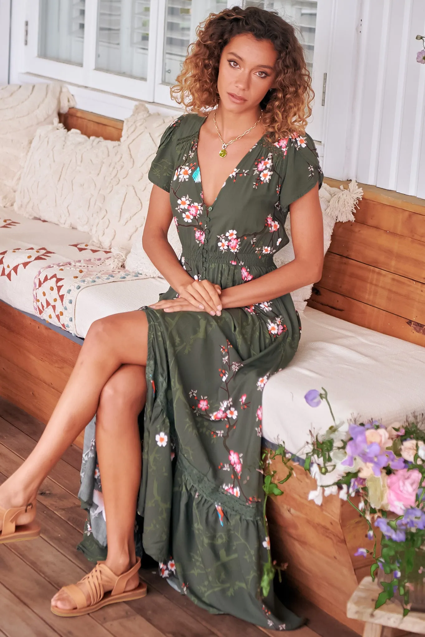 JAASE - Carmen Maxi Dress: Butterfly Cap Sleeve Button Down A Line Dress with Lace Trim in Birds Paradise Print sold by Salty Crush product image thumbnail 2