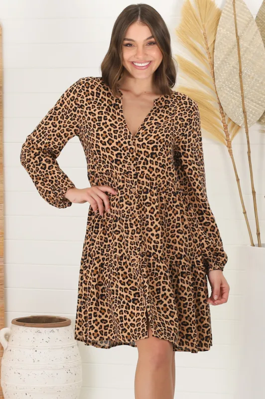 Sarah Mini Dress - Bermuda Collar Tiered Button Down Dress in Cecelia Print sold by Salty Crush