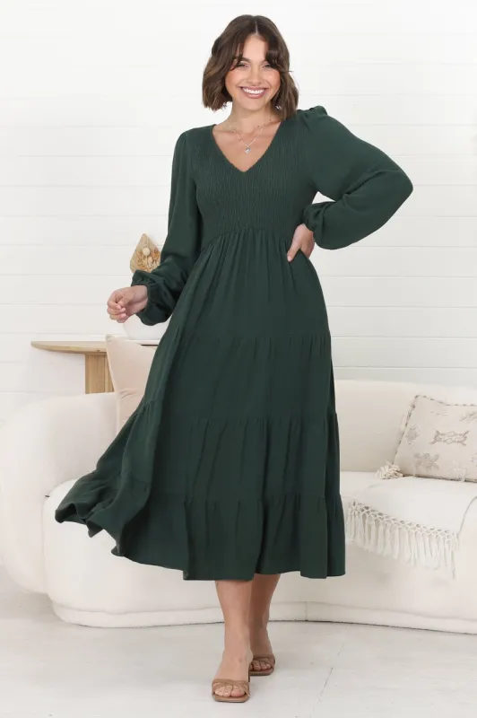 Maive Midi Dress - Shirred Bodice Tiered A Line Dress in Emerald sold by Salty Crush