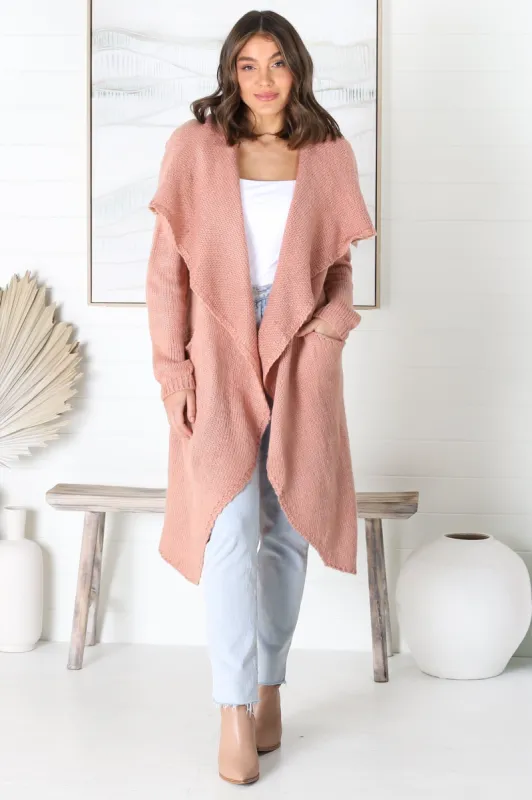 Ryden Cardigan - Thick Lapel Waterfall Collar Cardigan with Pockets in Blush sold by Salty Crush