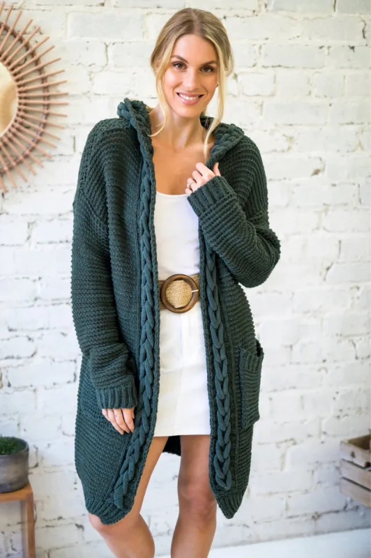 Toolara Cardigan - Thick Cable Knit Hooded Cardigan with Pocket in Military Green sold by Salty Crush