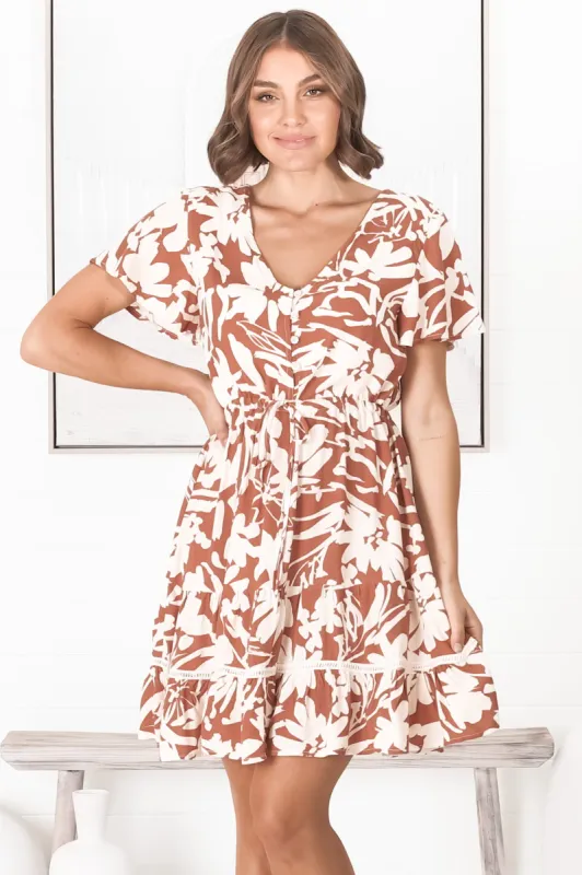 Charis Mini Dress - Pull Tie Waist A Line Dress with Crochet Splicing in Rust sold by Salty Crush