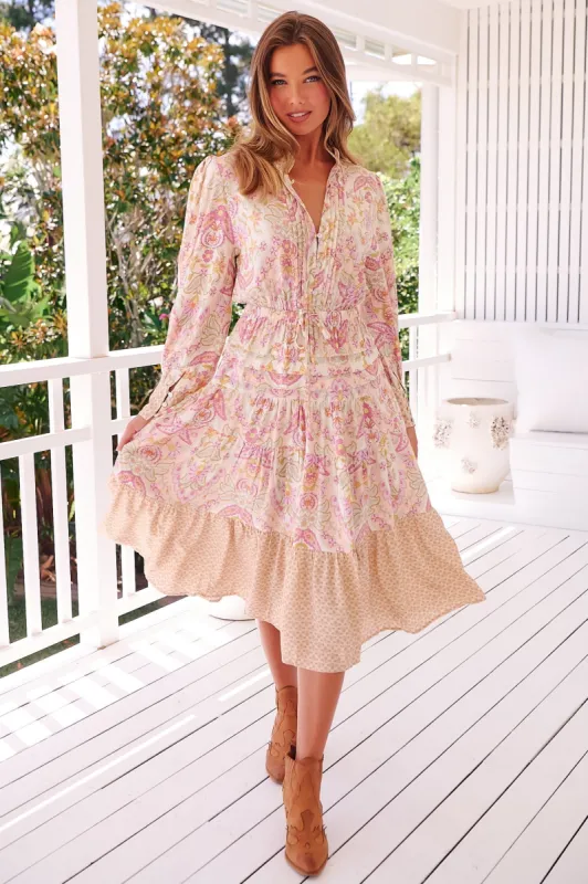 JAASE - Serenade Midi Dress: Mandarin Collar Pleated Detail Dress in Lily Vine Print sold by Salty Crush