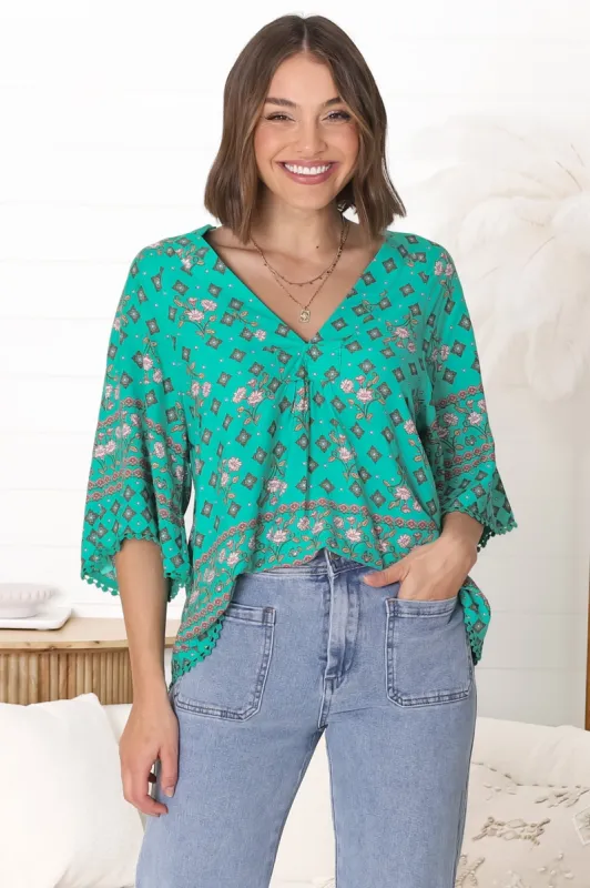 JAASE - Gabriella Top: Mandarin Collar Deep V Neck Crochet Trim Top in Evergreen Print sold by Salty Crush