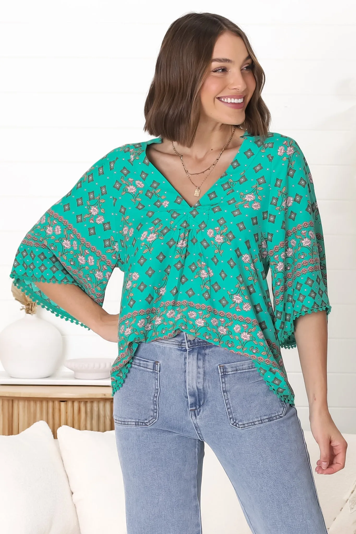 JAASE - Gabriella Top: Mandarin Collar Deep V Neck Crochet Trim Top in Evergreen Print sold by Salty Crush product image thumbnail 2