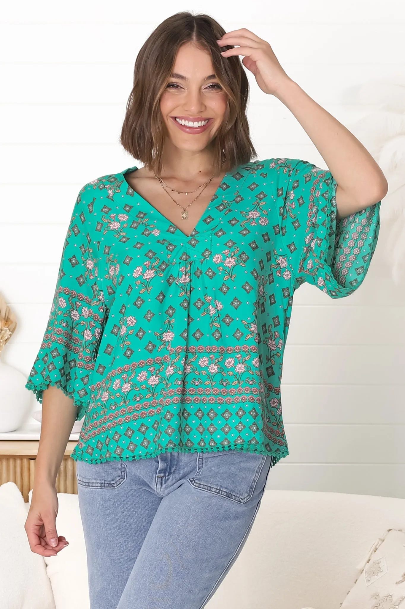 JAASE - Gabriella Top: Mandarin Collar Deep V Neck Crochet Trim Top in Evergreen Print sold by Salty Crush product image thumbnail 3