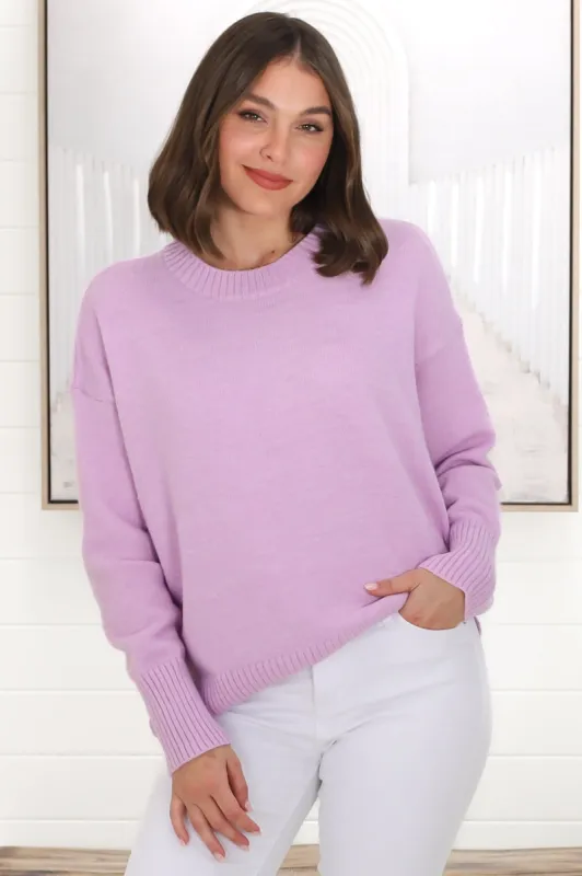 Rita Jumper - Relaxed Crew Neck Knit with Side Splits in Lilac sold by Salty Crush