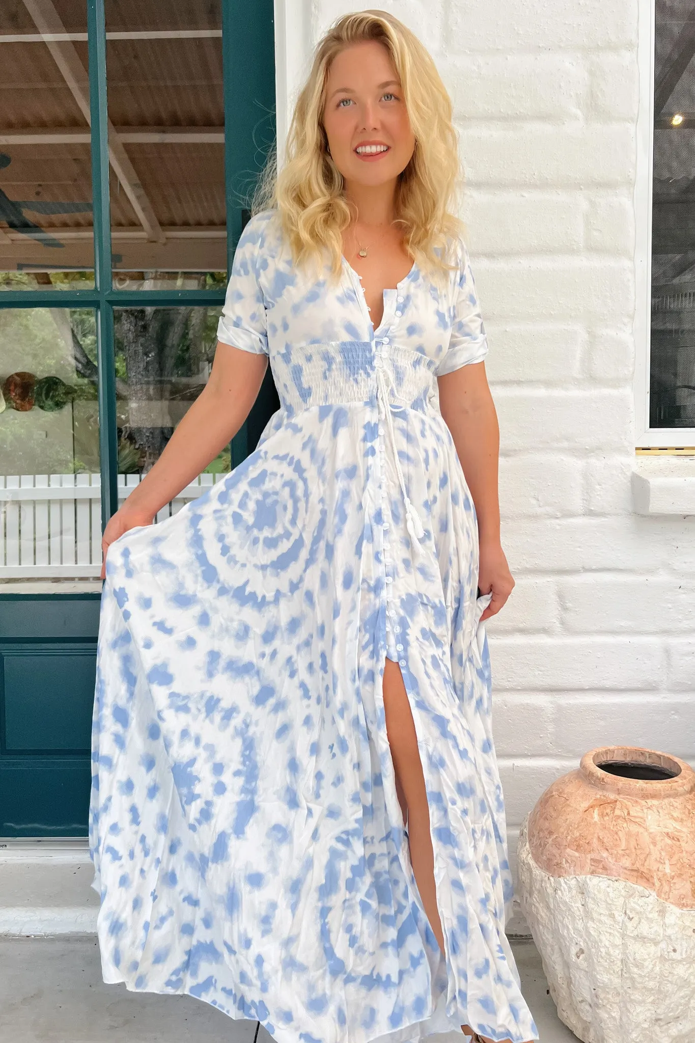 JAASE - Indiana Maxi Dress: Lace Back Shirred Waist A Line Dress with Handkercheif Hemline in Nine Cloud Print sold by Salty Crush