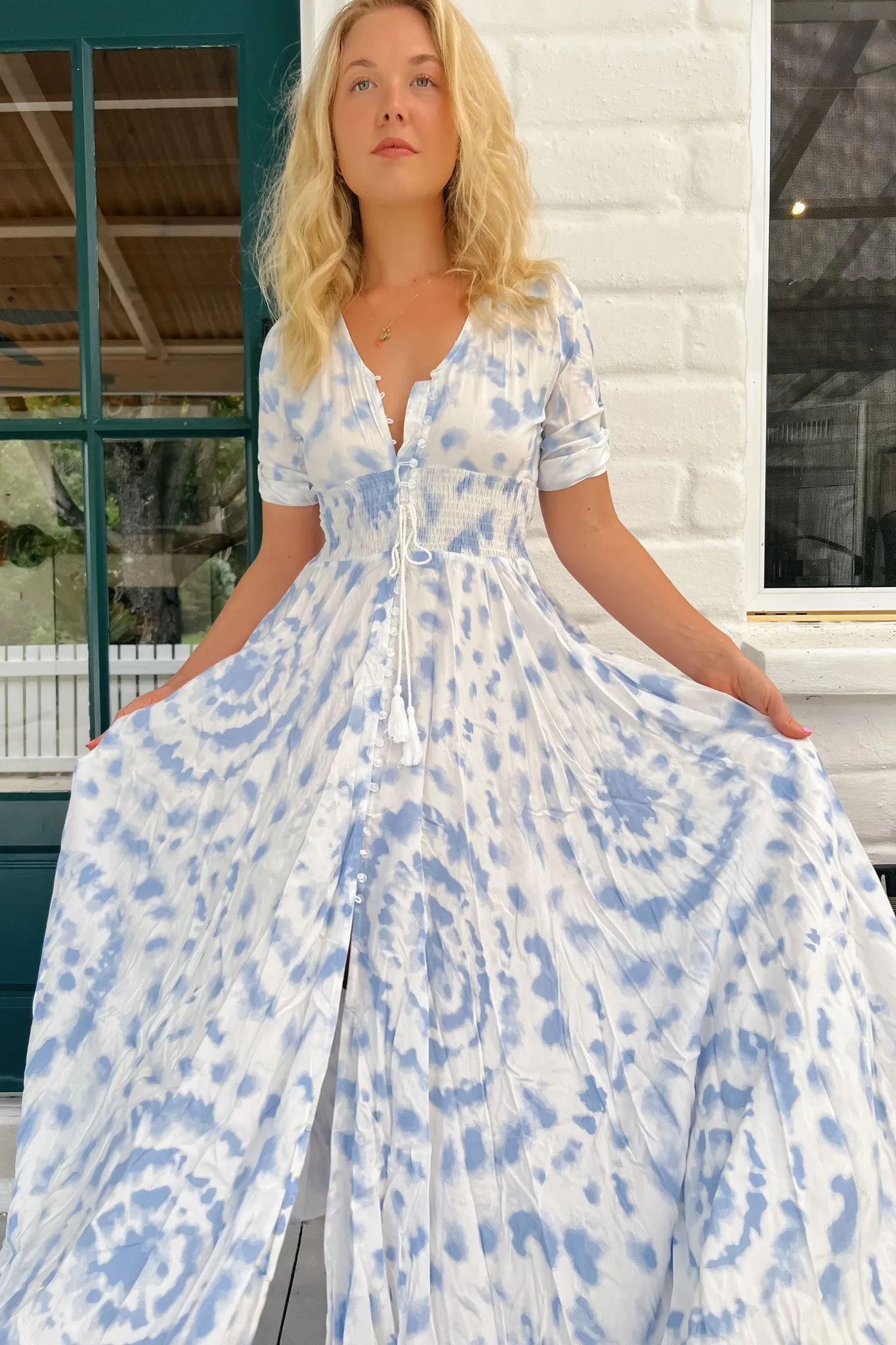 JAASE - Indiana Maxi Dress: Lace Back Shirred Waist A Line Dress with Handkercheif Hemline in Nine Cloud Print sold by Salty Crush product image thumbnail 4