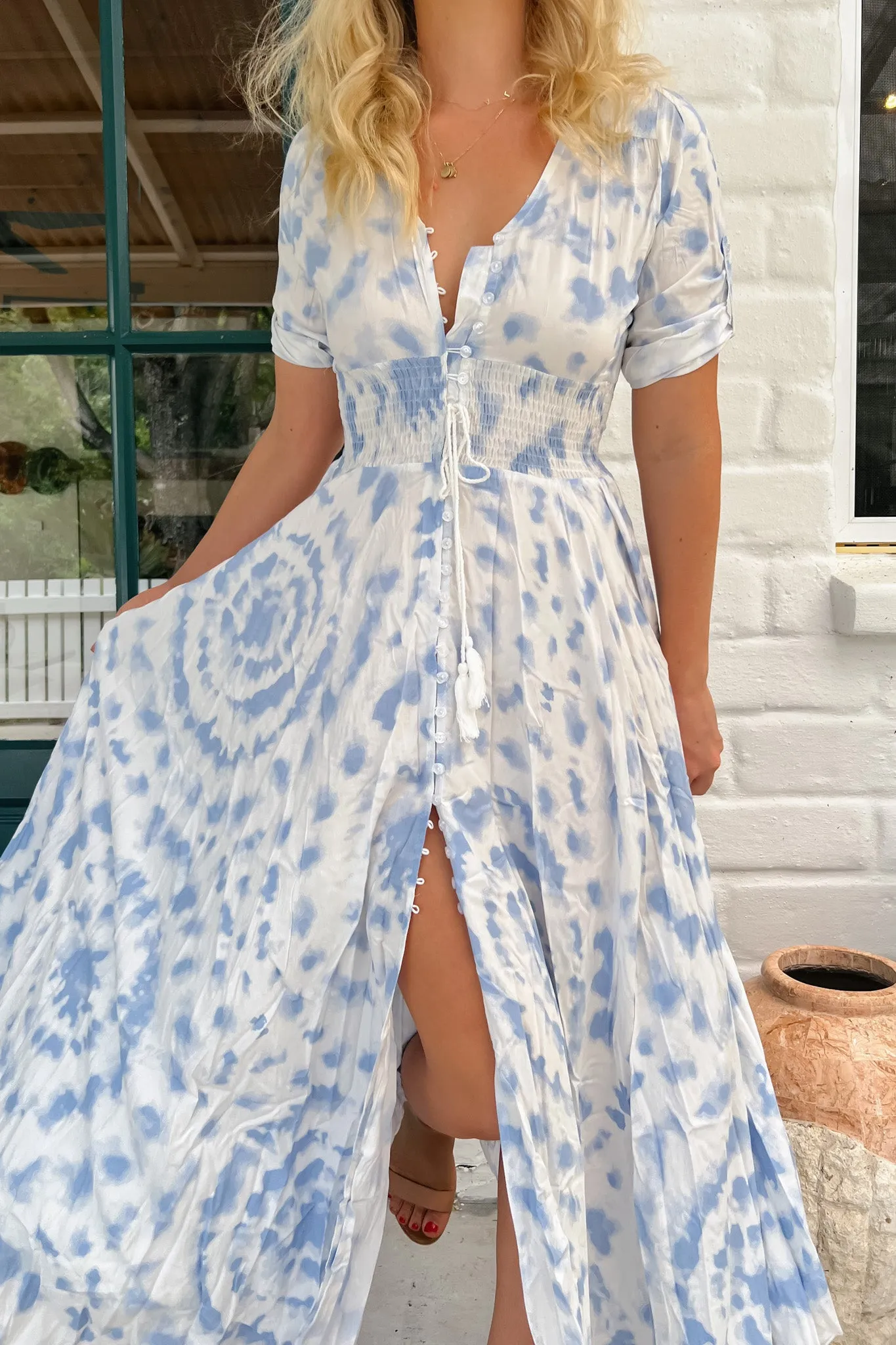 JAASE - Indiana Maxi Dress: Lace Back Shirred Waist A Line Dress with Handkercheif Hemline in Nine Cloud Print sold by Salty Crush product image thumbnail 2