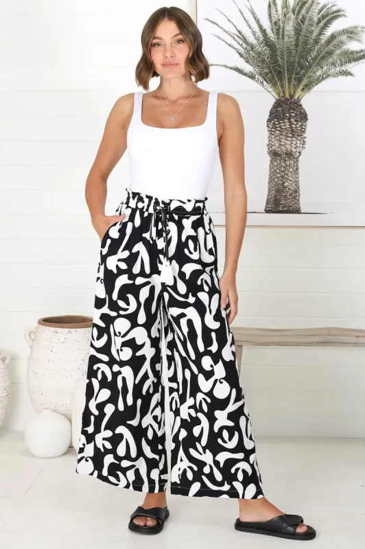 Jaxie Pants - Elasticated Paperbag Waist with Drawstring Wide Leg Pants with Pockets in Black sold by Salty Crush