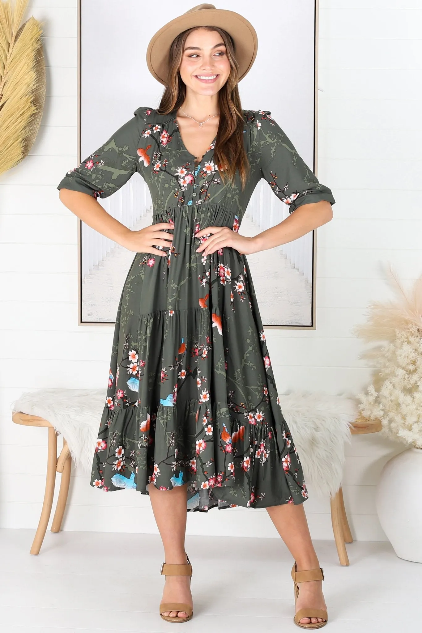JAASE - Eve Midi Dress: V Neck Tiered Dress with Option Waist Tie in Birds Paradise Print sold by Salty Crush product image thumbnail 3