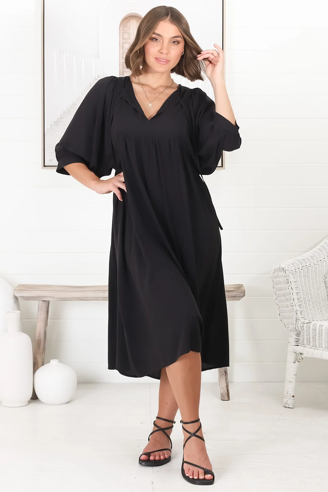 Mariah Midi Dress - V Neck Smock Dress with Batwing Sleeves in Black sold by Salty Crush product image thumbnail 3