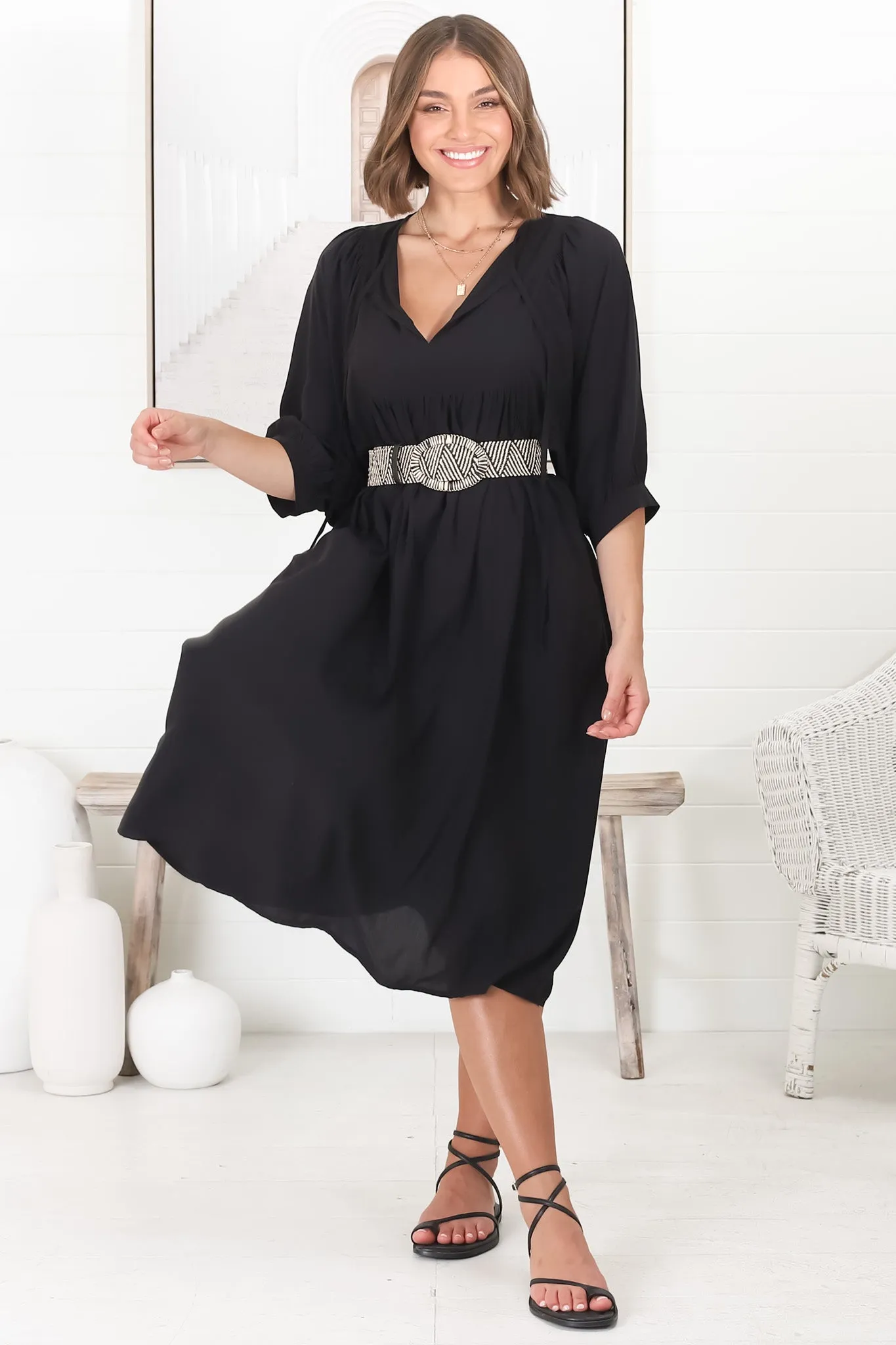 Mariah Midi Dress - V Neck Smock Dress with Batwing Sleeves in Black sold by Salty Crush product image thumbnail 2
