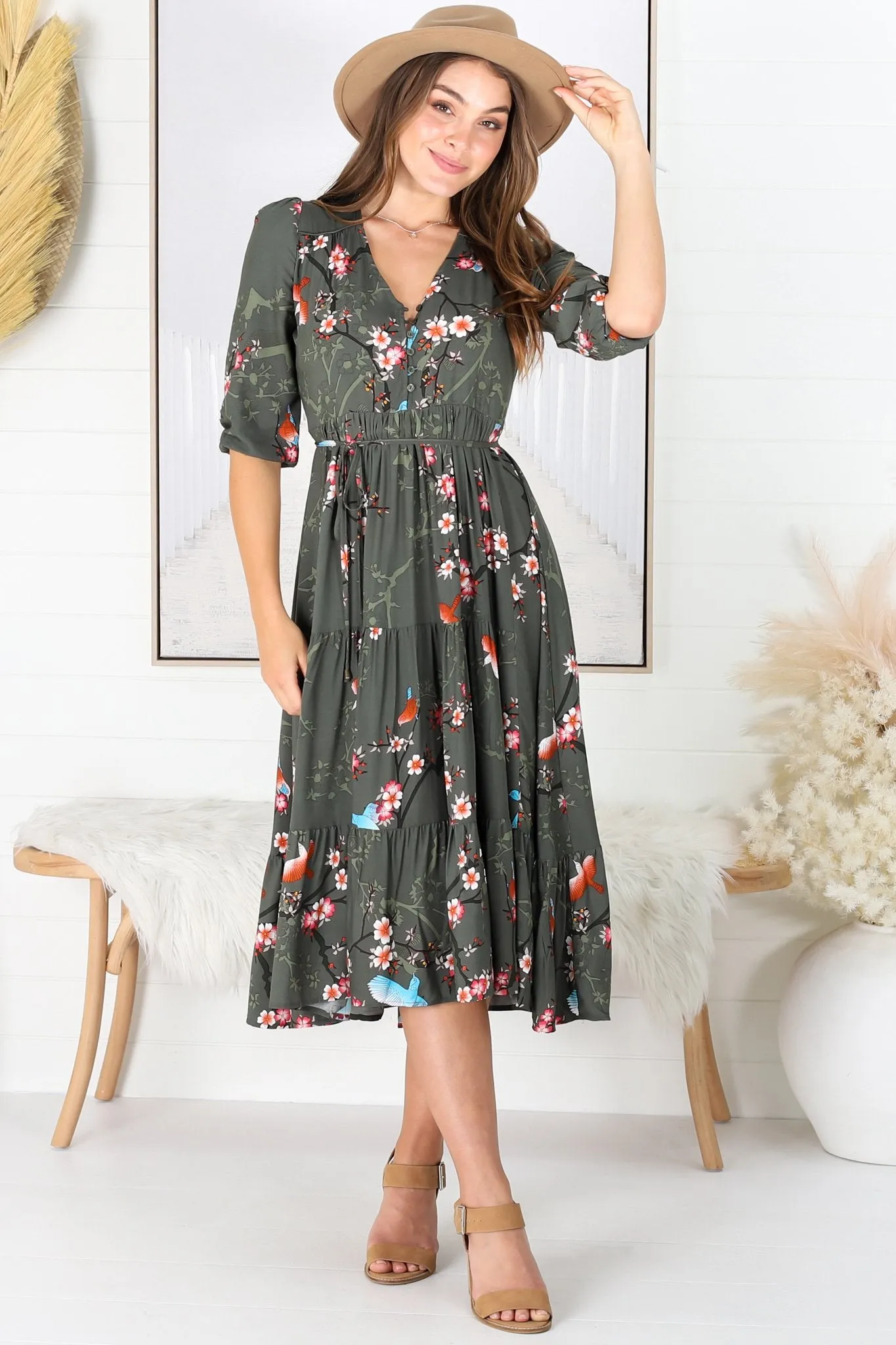 JAASE - Eve Midi Dress: V Neck Tiered Dress with Option Waist Tie in Birds Paradise Print sold by Salty Crush product image thumbnail 4