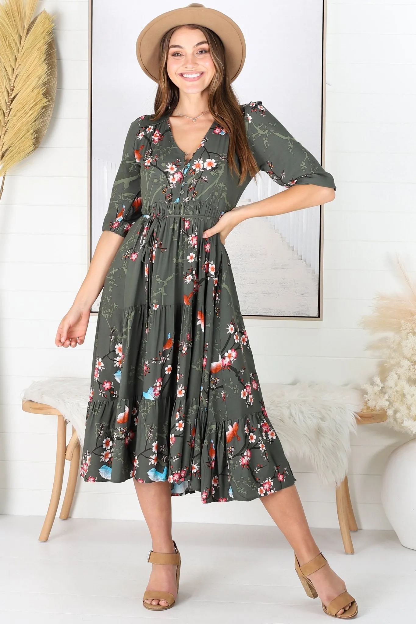 JAASE - Eve Midi Dress: V Neck Tiered Dress with Option Waist Tie in Birds Paradise Print sold by Salty Crush