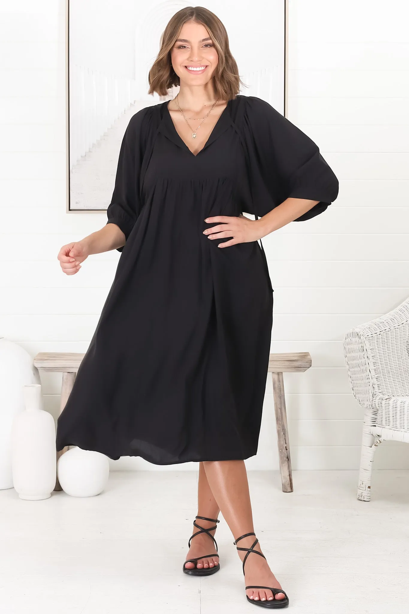 Mariah Midi Dress - V Neck Smock Dress with Batwing Sleeves in Black sold by Salty Crush product image thumbnail 4