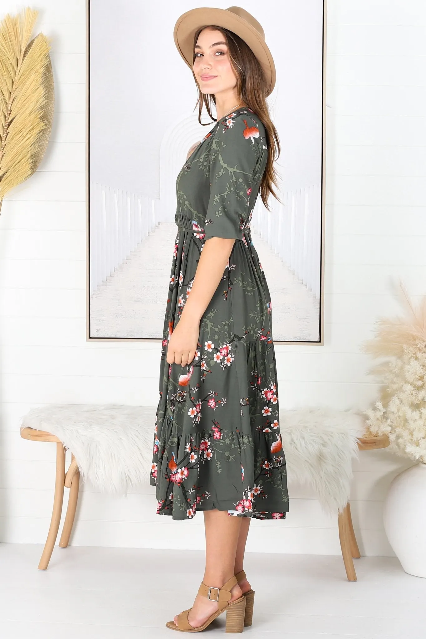 JAASE - Eve Midi Dress: V Neck Tiered Dress with Option Waist Tie in Birds Paradise Print sold by Salty Crush product image thumbnail 5