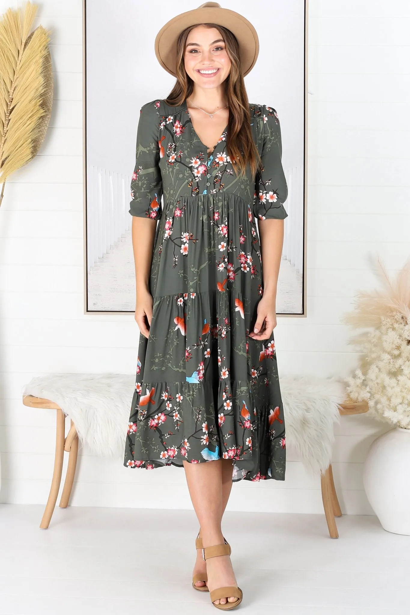 JAASE - Eve Midi Dress: V Neck Tiered Dress with Option Waist Tie in Birds Paradise Print sold by Salty Crush product image thumbnail 2
