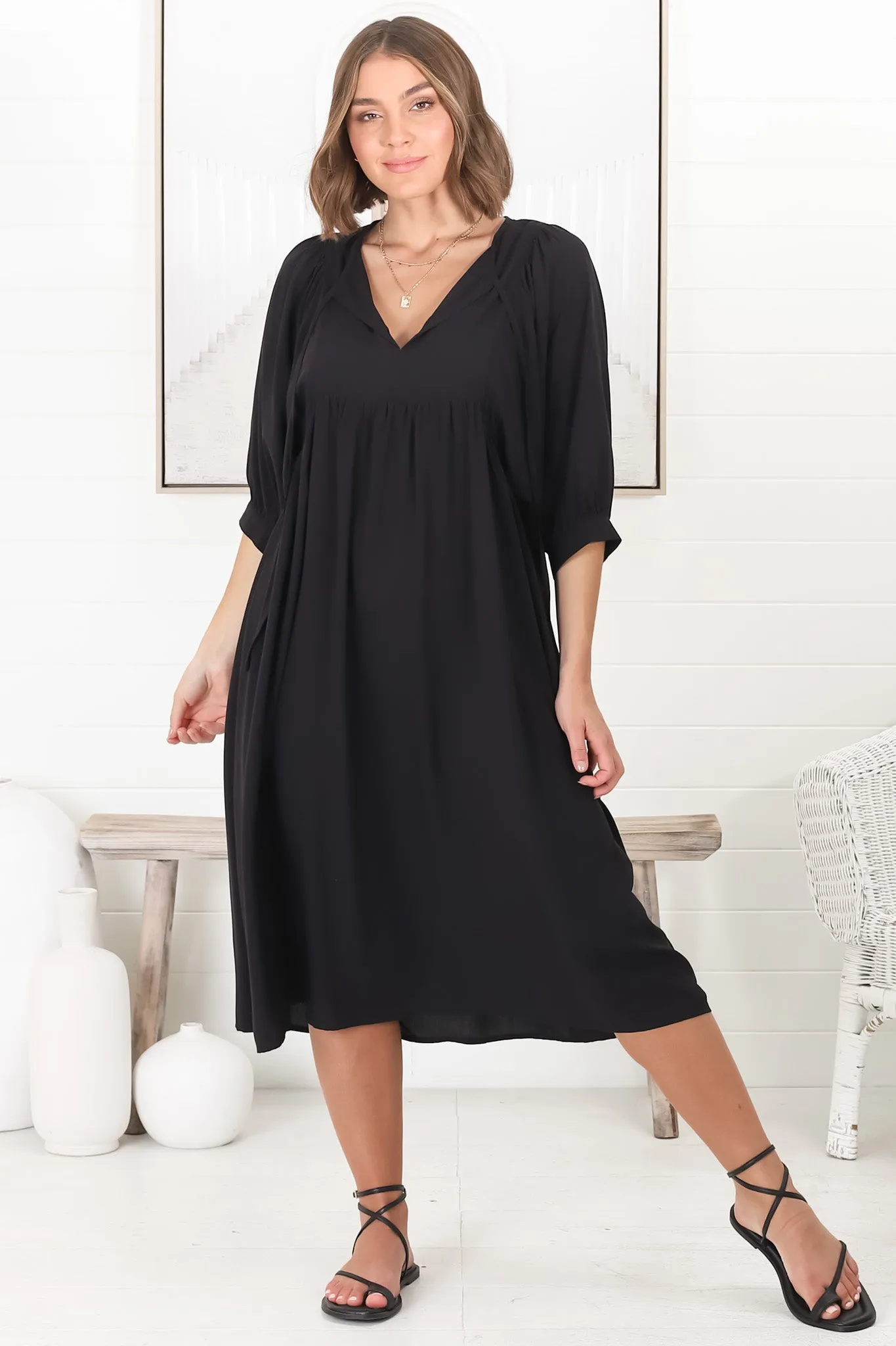 Mariah Midi Dress - V Neck Smock Dress with Batwing Sleeves in Black sold by Salty Crush