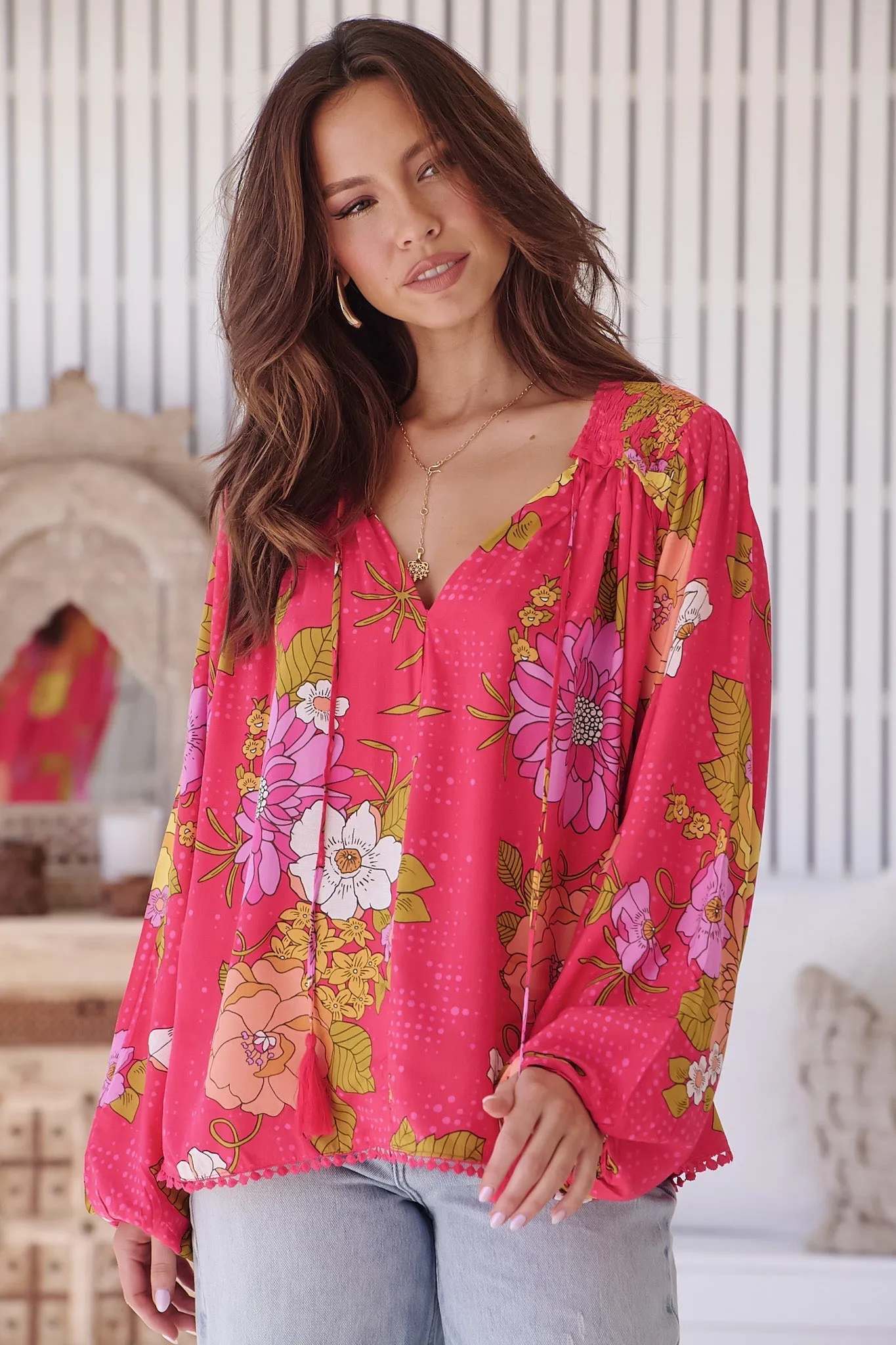 JAASE - Rue Top: V Neck Smock Top with Crochet Trim in Timeless Print sold by Salty Crush product image thumbnail 3