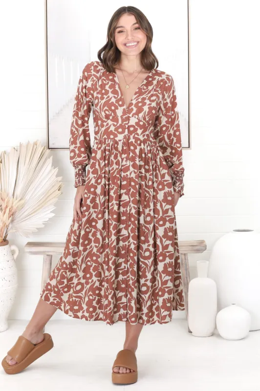 Jolie Midi Dress - V Neck Button Down Dress in Emma-Jade Brown sold by Salty Crush