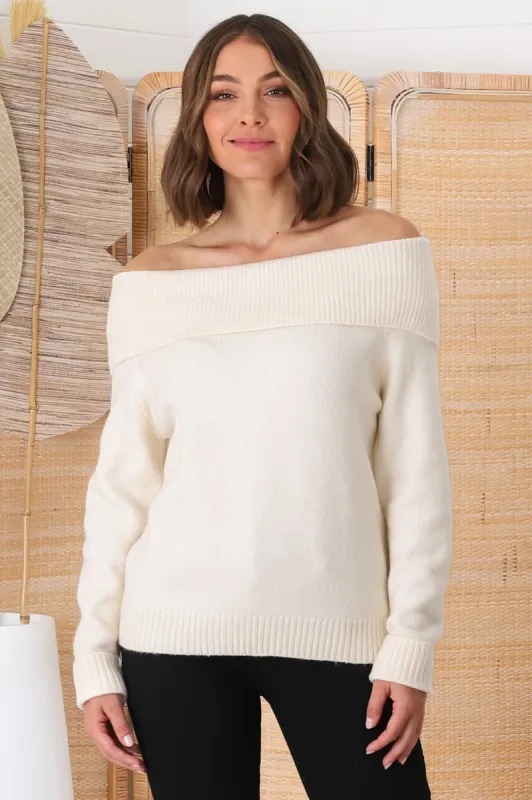 Angie Knit Jumper - Folded Off Shoulder Neckline Jumper in Cream sold by Salty Crush