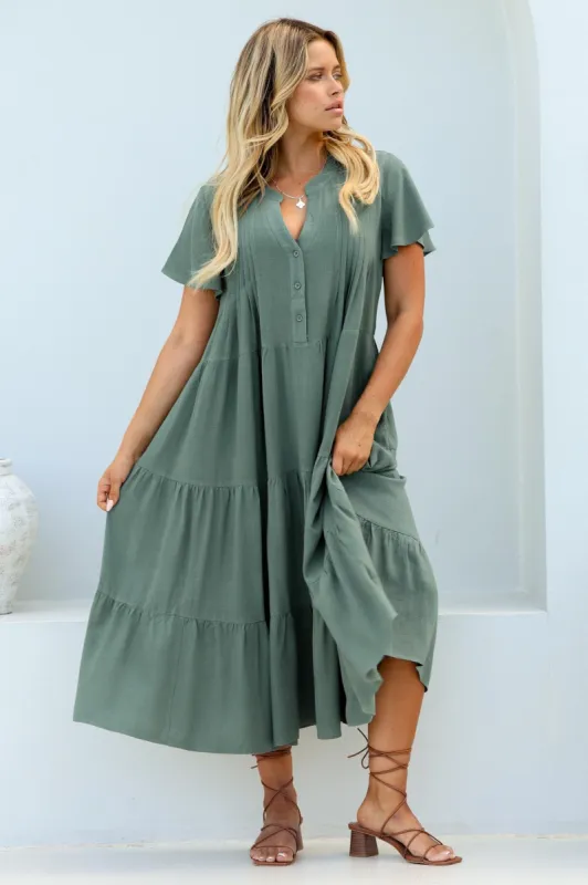 Peggy Midi Dress - Relaxed Mandarin Collar Pleated Bust Tiered Linen Dress in Green sold by Salty Crush