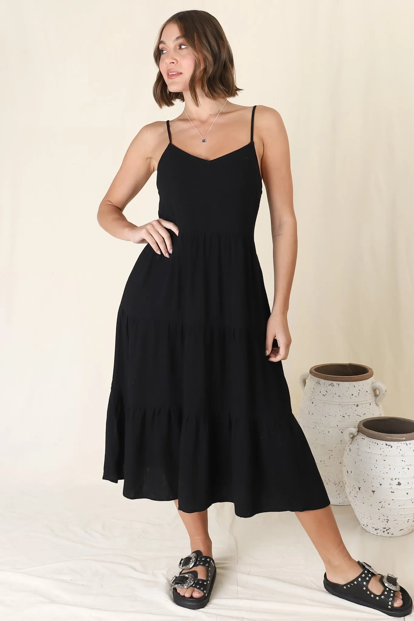 Arlowe Midi Dress - Soft V Neckline Tiered Linen Sun Dress in Black sold by Salty Crush product image thumbnail 2