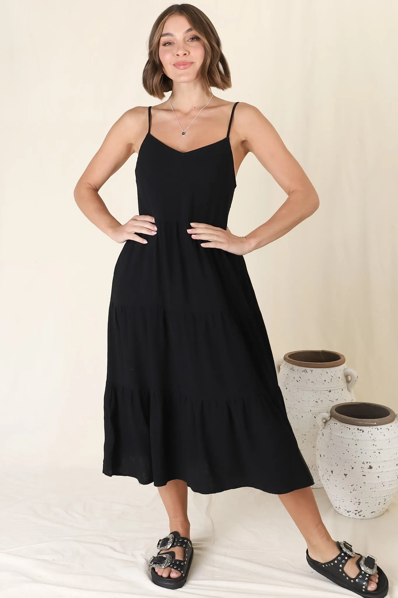 Arlowe Midi Dress - Soft V Neckline Tiered Linen Sun Dress in Black sold by Salty Crush product image thumbnail 5